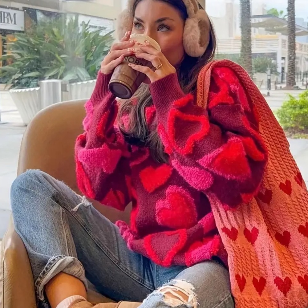 Heart Sherpa teddy sweater knit red Red Heart Sweater
